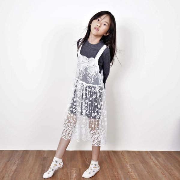【台灣賣家24H出貨】兒童兩件式圓領長袖長版T透視鏤空蕾絲細肩吊帶連身裙洋裝 蕾絲洋裝 長袖洋裝 中大童洋裝-細節圖3