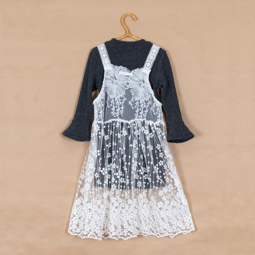 【台灣賣家24H出貨】兒童兩件式圓領長袖長版T透視鏤空蕾絲細肩吊帶連身裙洋裝 蕾絲洋裝 長袖洋裝 中大童洋裝-細節圖5