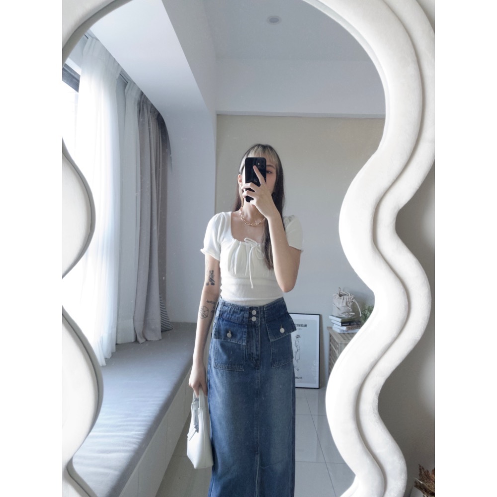 薄針織胸前抓皺小包袖上衣-細節圖3