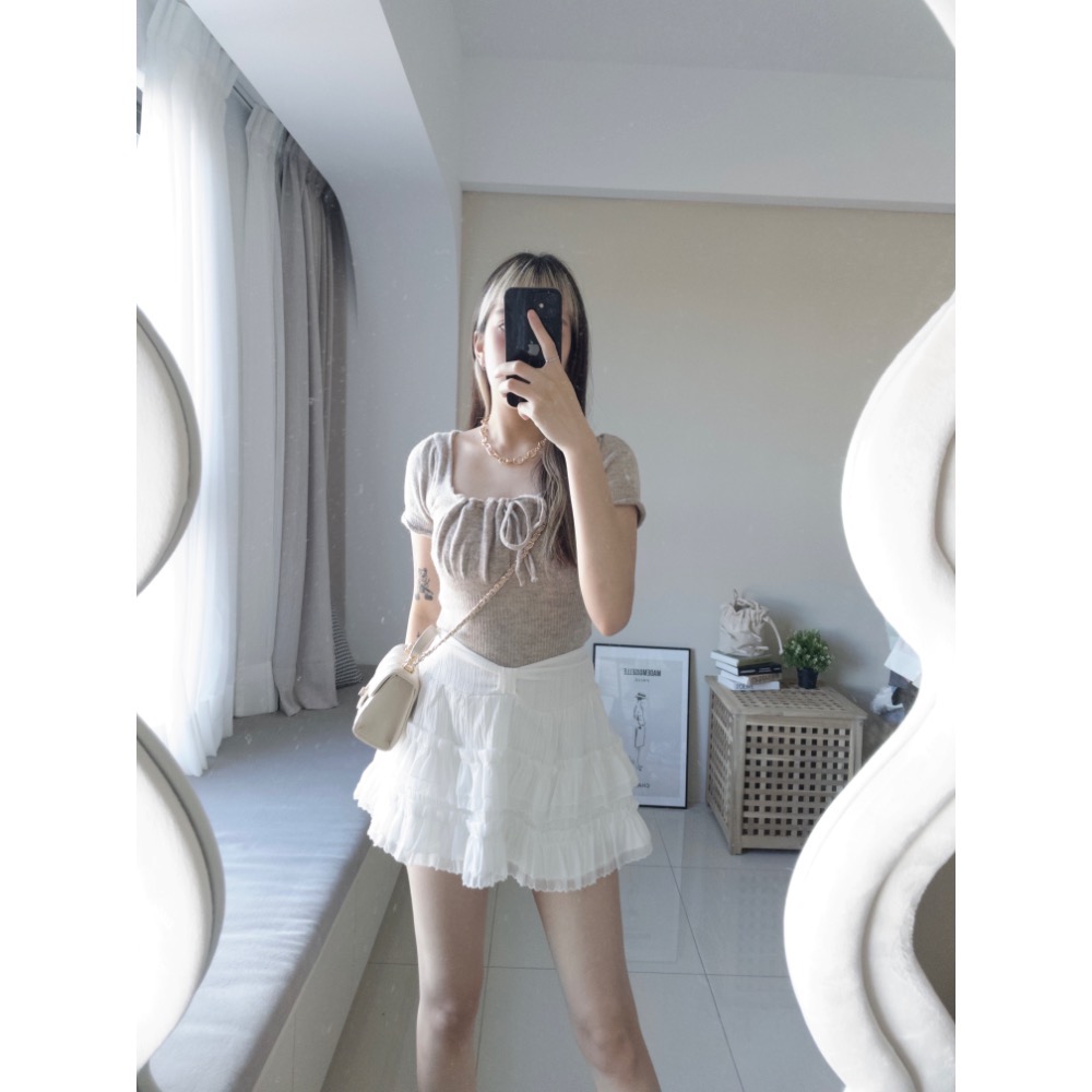 蝴蝶結褲頭拼接雪紡蛋糕裙-細節圖3