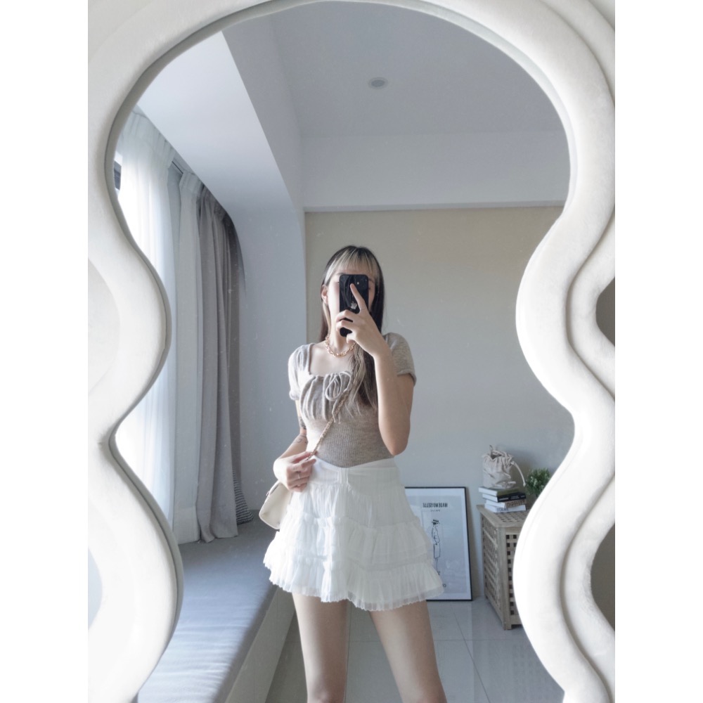 蝴蝶結褲頭拼接雪紡蛋糕裙-細節圖4