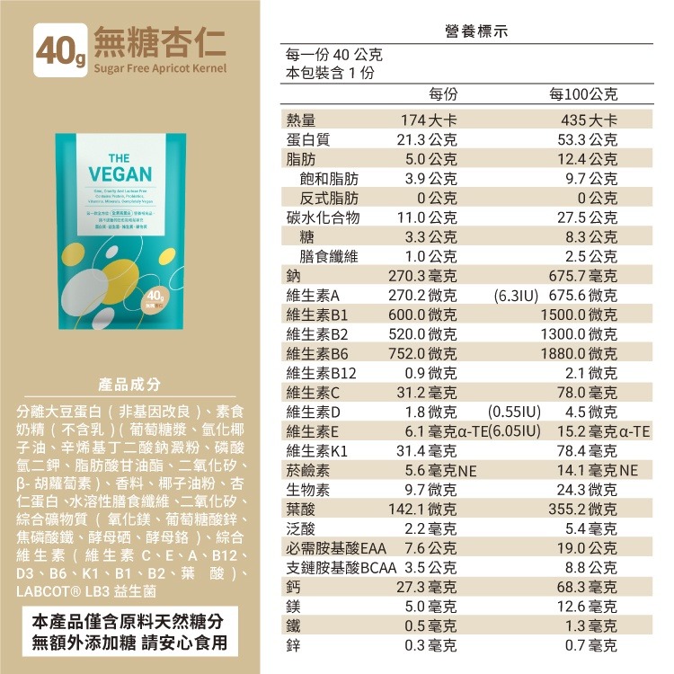 THE VEGAN 樂維根 40G隨身包 (無糖杏仁口味) 純素植物性優蛋白 高蛋白 大豆分離蛋白 大豆蛋白純素高蛋白-細節圖8