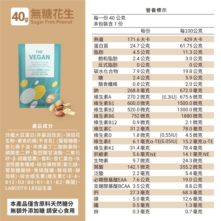 THE VEGAN 樂維根 40G隨身包 (無糖花生口味) 純素植物性優蛋白 高蛋白 大豆分離蛋白 大豆蛋白純素高蛋白-細節圖8