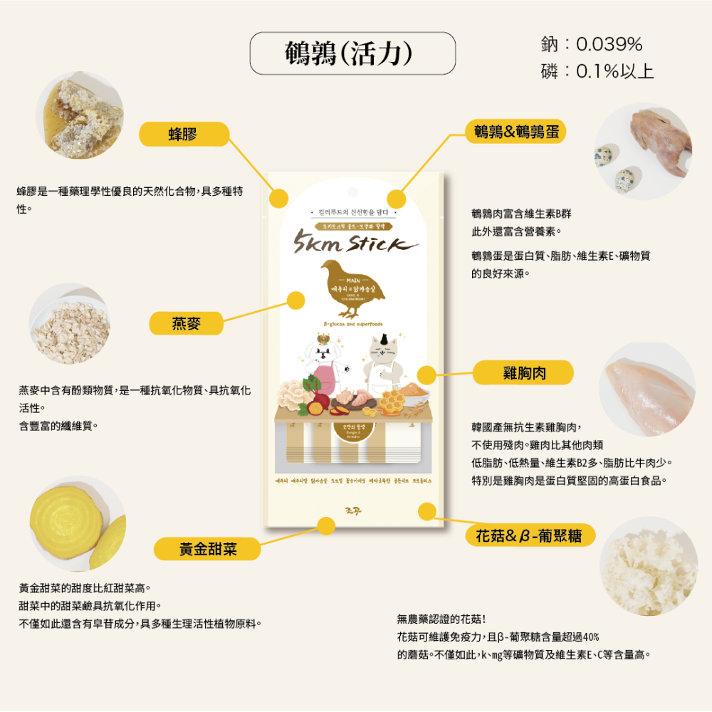 【韓國朝貢】5km stick 犬貓營養蔬果肉泥 鮭魚/雞胸肉/鱈魚/長尾鱈魚/烏骨雞/鵪鶉（14gx4入）-細節圖10