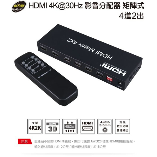 伽利略 HDMI 4K@30Hz 影音分配器 矩陣式 4進2出  （HDS402C）
