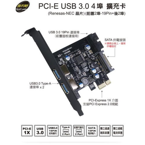 伽利略 PCI-E USB3.0 4埠 擴充卡 Renesas-NEC 晶片 （PEN219）