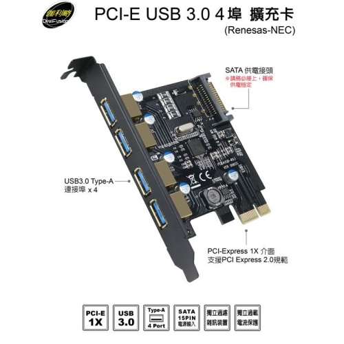 伽利略 PCI-E USB 3.0 4埠 擴充卡 （Renesas-NEC） （PTU304B）
