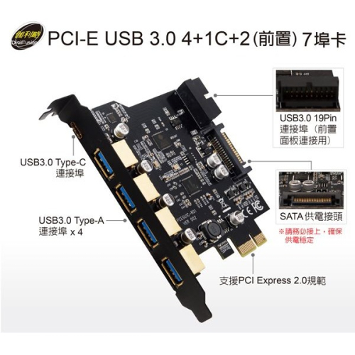 伽利略 PCI-E USB3.0 4+1C+2（前置） 7埠卡 （PTU314C）