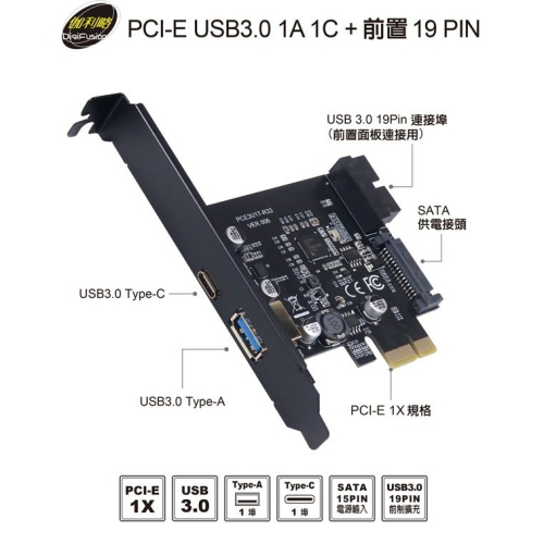 伽利略 PCI-E USB3.0 1A 1C +前置19 PIN 擴充卡 （PEU3SA）