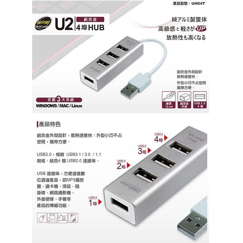 伽利略 USB2.0 4埠 HUB 鋁合金 （UH04T）-細節圖2