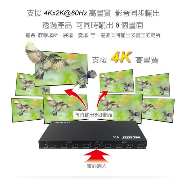 伽利略 HDMI 4K2K @60Hz 影音分配器 1進8出	（HDS108B）-細節圖3