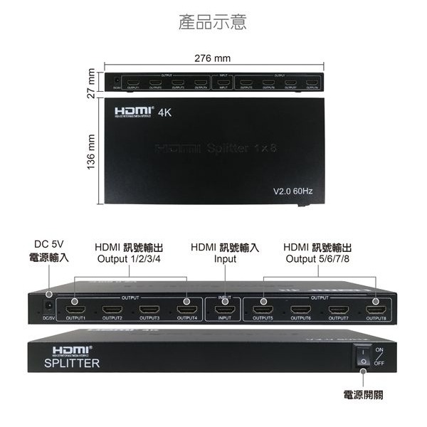 伽利略 HDMI 4K2K @60Hz 影音分配器 1進8出	（HDS108B）-細節圖4