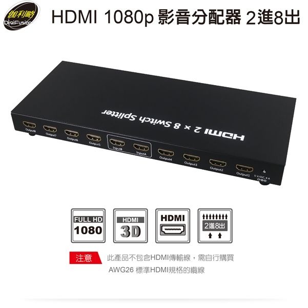 利略 HDMI 1080p 影音分配器 2進8出	（HDS208A）-細節圖2