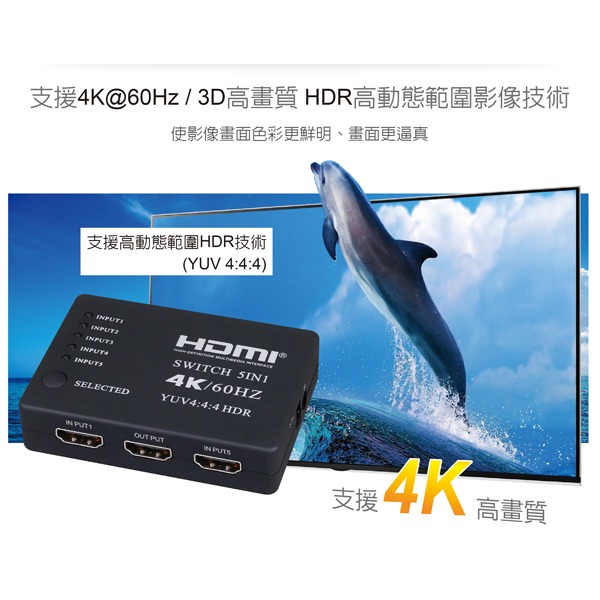 伽利略 HDMI 4K@60Hz 影音切換器 5進1出 + 遙控器 	(H4501RB)-細節圖3