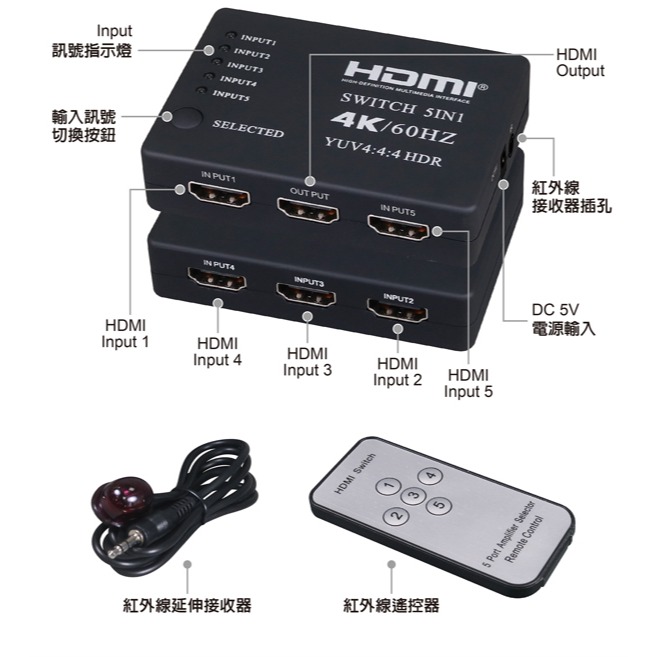 伽利略 HDMI 4K@60Hz 影音切換器 5進1出 + 遙控器 	(H4501RB)-細節圖6