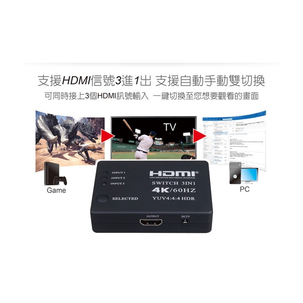 伽利略 HDMI 4K@60Hz 影音切換器 3進1出 + 遙控器	 (H4301RD)-細節圖4