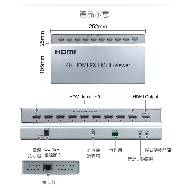 伽利略 HDMI 4K@30Hz 9進1出 影音分割器	(HDS901A )-細節圖4