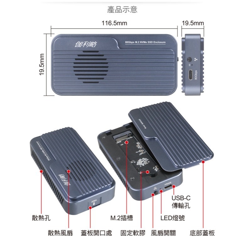 伽利略 80Gbps M.2 NVMe SSD 鋁合金風扇 外接盒 M2NVU8I-細節圖5