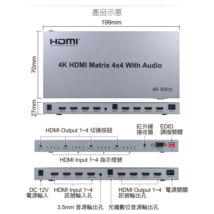 伽利略 HDMI 4K@60Hz影音分配器 矩陣式 4進4出	(HDS404B)-細節圖4