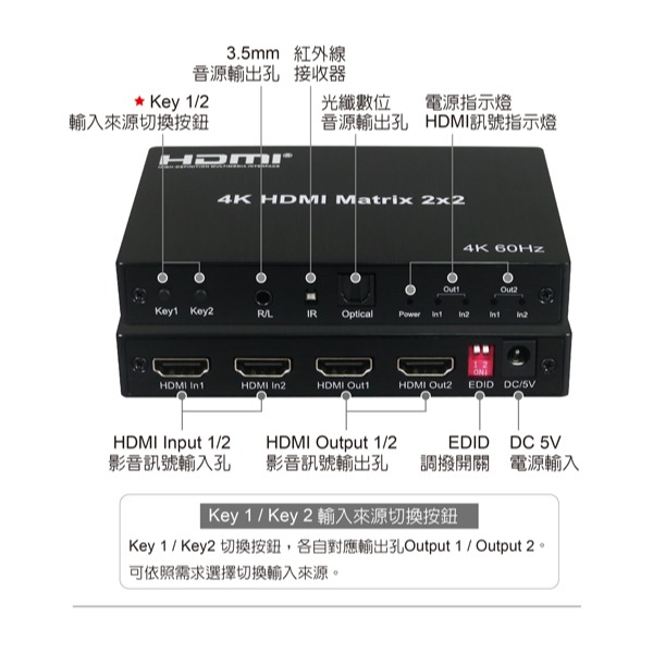 伽利略 HDMI 4K@60Hz 影音分配器 矩陣式 2進2出 Slim版	(HDS202BS)-細節圖6