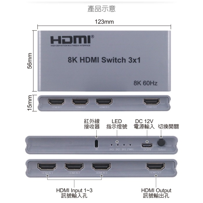 伽利略 HDMI 8K@60Hz 影音切換器 3進1出(H8301R)-細節圖3
