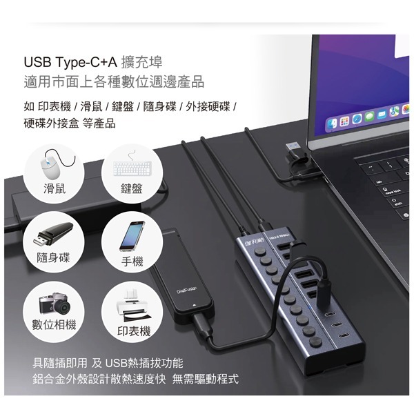 伽利略 USB3.2 10Gbps 6A/4C 10埠集線器 獨立開關 (H1010G)-細節圖3