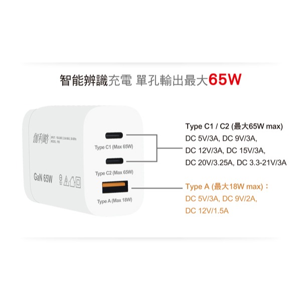 伽利略 65W GaN氮化鎵 3孔快速充電頭	(P65)-細節圖2
