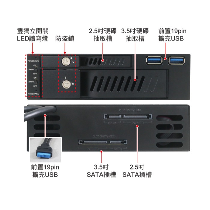 伽利略 前置 2.5＂+3.5＂ 雙槽SATA 硬碟抽取盒 +U3 2埠 ( 525-S2U)-細節圖4