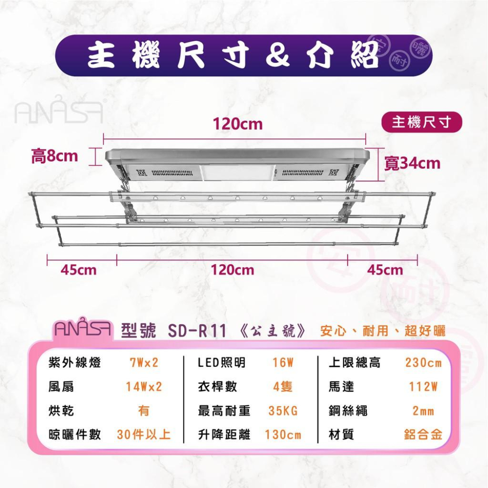 全新到貨！ANASA安耐曬-電動式：SDR11公主號-四桿式【智慧多功能】【LED照明.殺菌.風乾.烘乾】-細節圖4