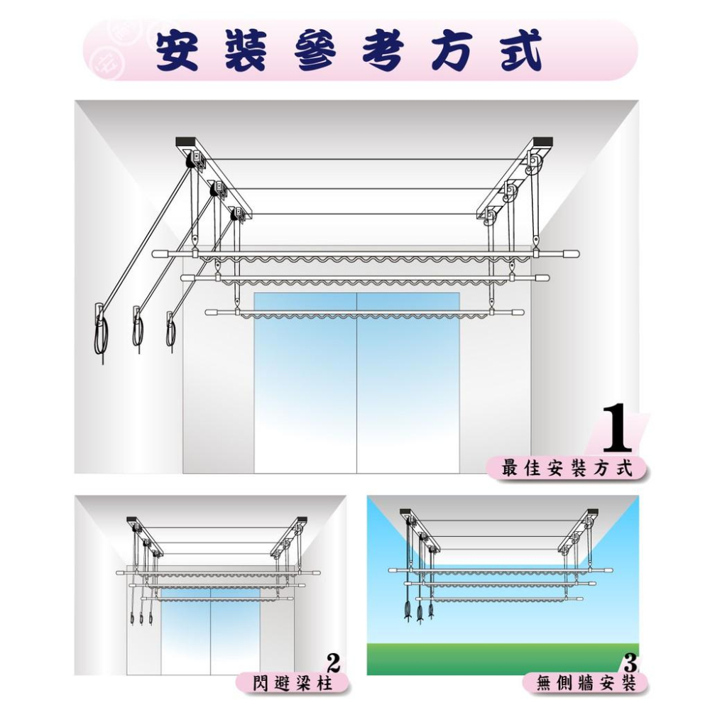 ANASA安耐曬-窗簾式：三桿WPBW-3 + 閃燈座 【加橫桿70公分】手拉 升降曬衣架-細節圖3