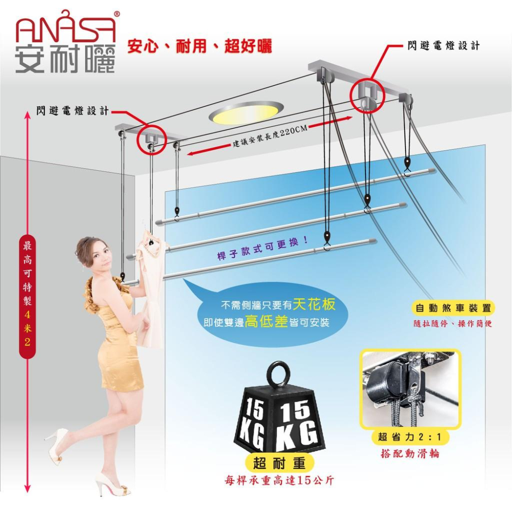 ANASA安耐曬-窗簾式：三桿WPBW-3 + 閃燈座 【加橫桿70公分】手拉 升降曬衣架-細節圖4