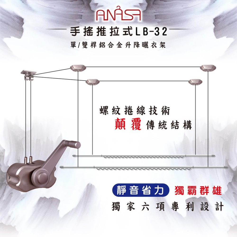 **手動款第一名**ANASA安耐曬-(剛貨到!熱騰騰!) 手搖式：雙桿LB-32【獨家升級版推拉式】手搖升降鋁合金曬衣-細節圖2