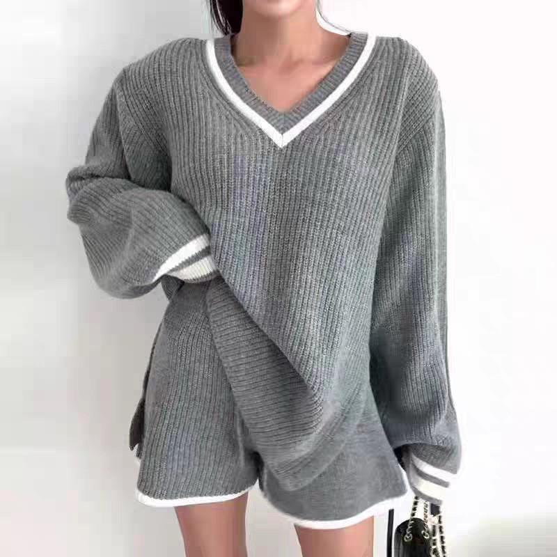 【𝐊𝐈𝐁𝐎𝐘𝐎】寬鬆學院風V領撞色條紋針織套裝｜現貨-細節圖4