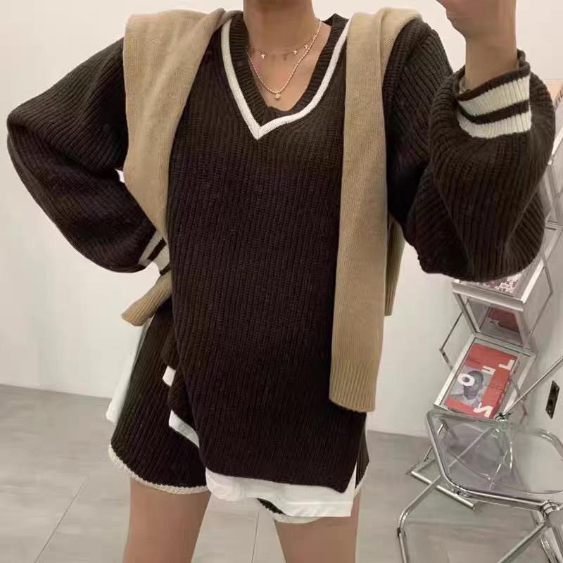 【𝐊𝐈𝐁𝐎𝐘𝐎】寬鬆學院風V領撞色條紋針織套裝｜現貨-細節圖6