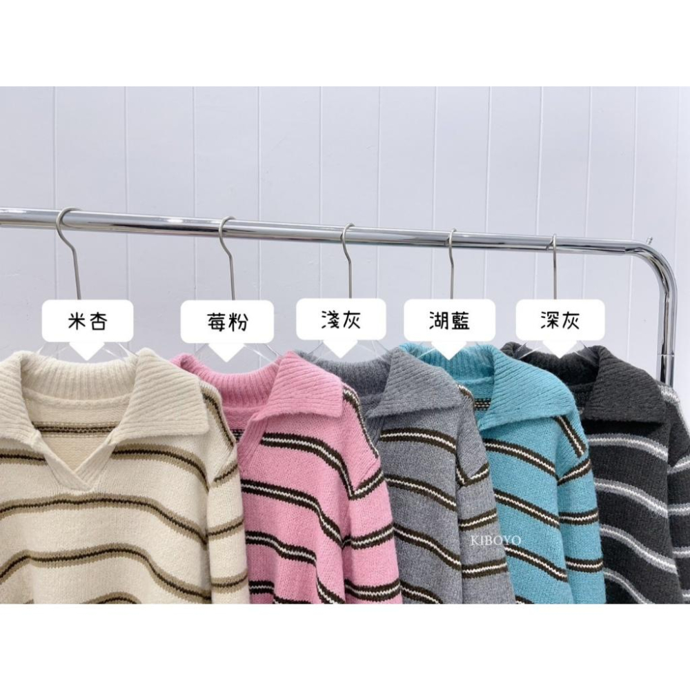 【𝐊𝐈𝐁𝐎𝐘𝐎】休閒Polo領寬鬆配色條紋長版針織衫上衣｜現貨-細節圖2