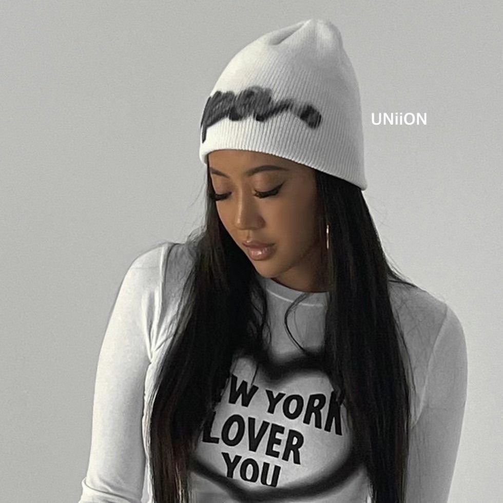 正韓UNI歐美塗鴉印花針織帽-細節圖2
