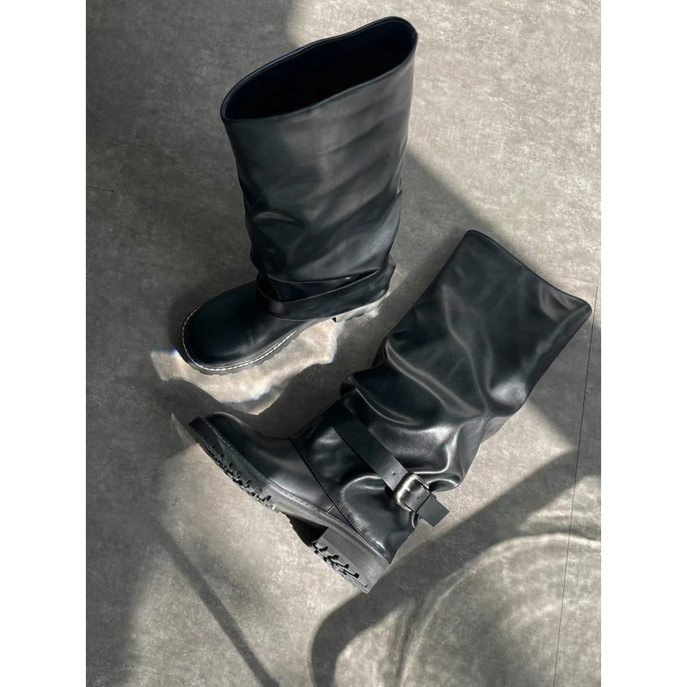 韓國PLA率性直筒抓皺低跟褲靴-細節圖2