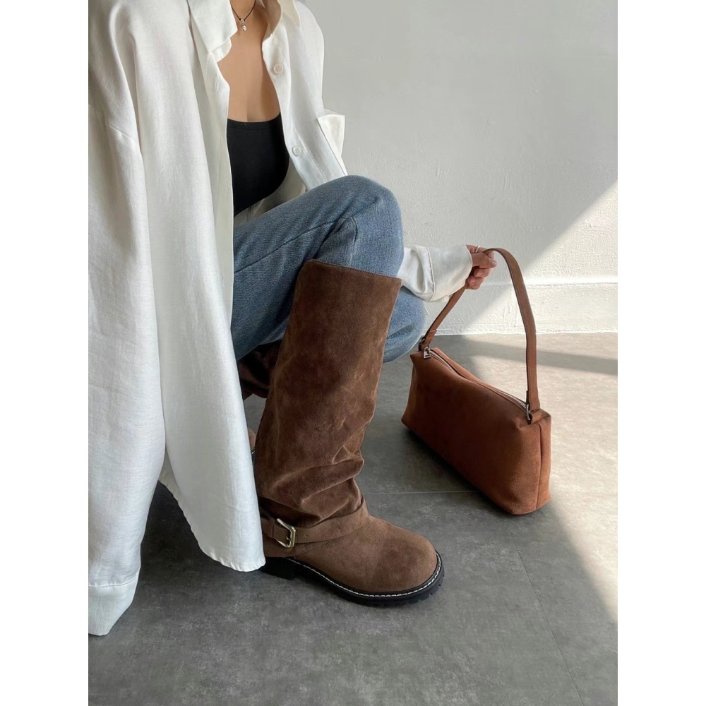 韓國PLA率性直筒抓皺低跟褲靴-細節圖3