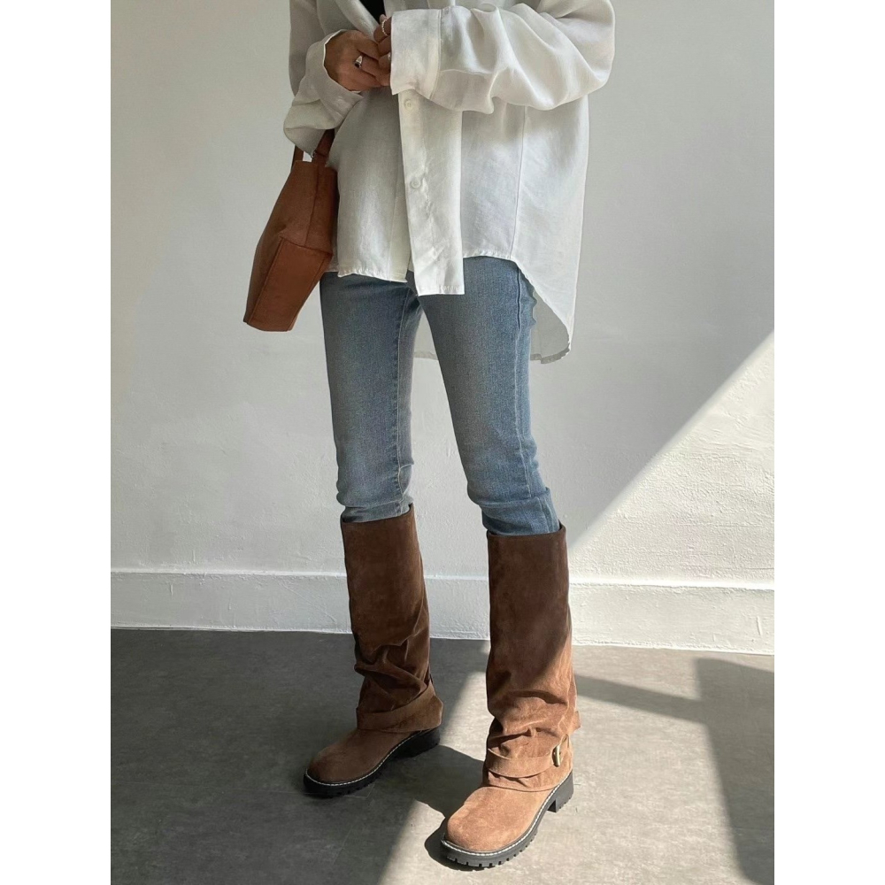 韓國PLA率性直筒抓皺低跟褲靴-細節圖4