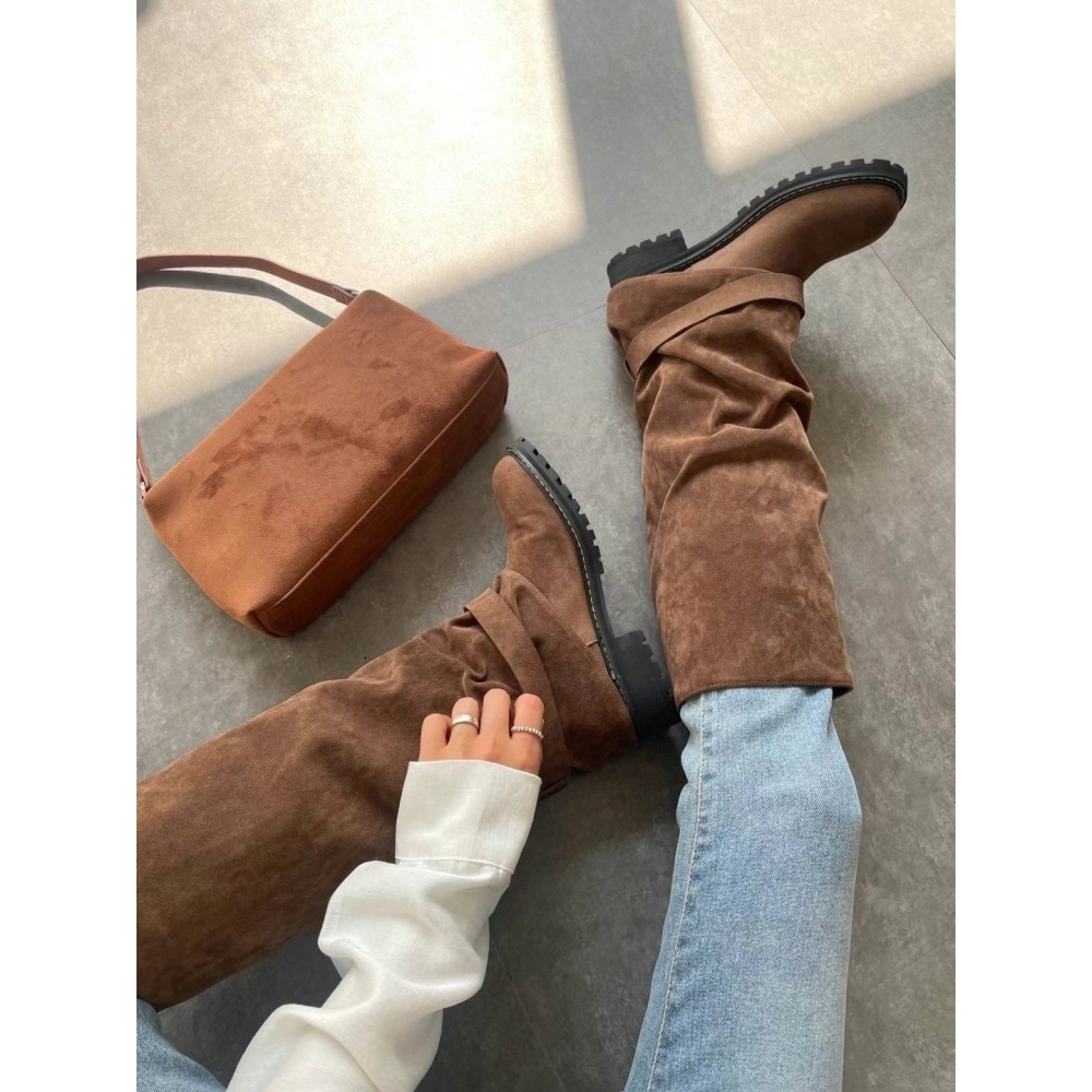 韓國PLA率性直筒抓皺低跟褲靴-細節圖7