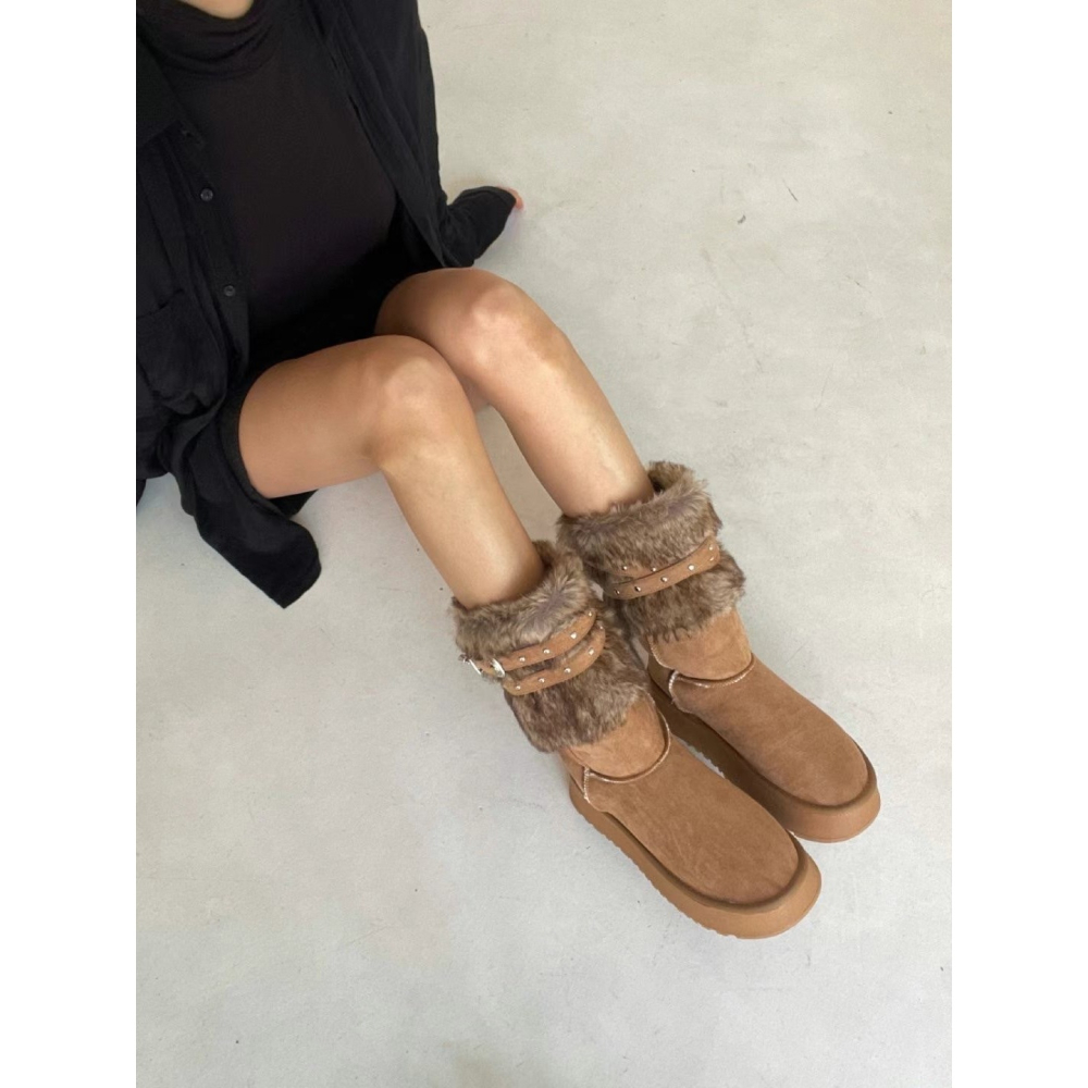 韓國PLA愛斯基摩皮帶外翻絨毛長筒雪靴-細節圖2