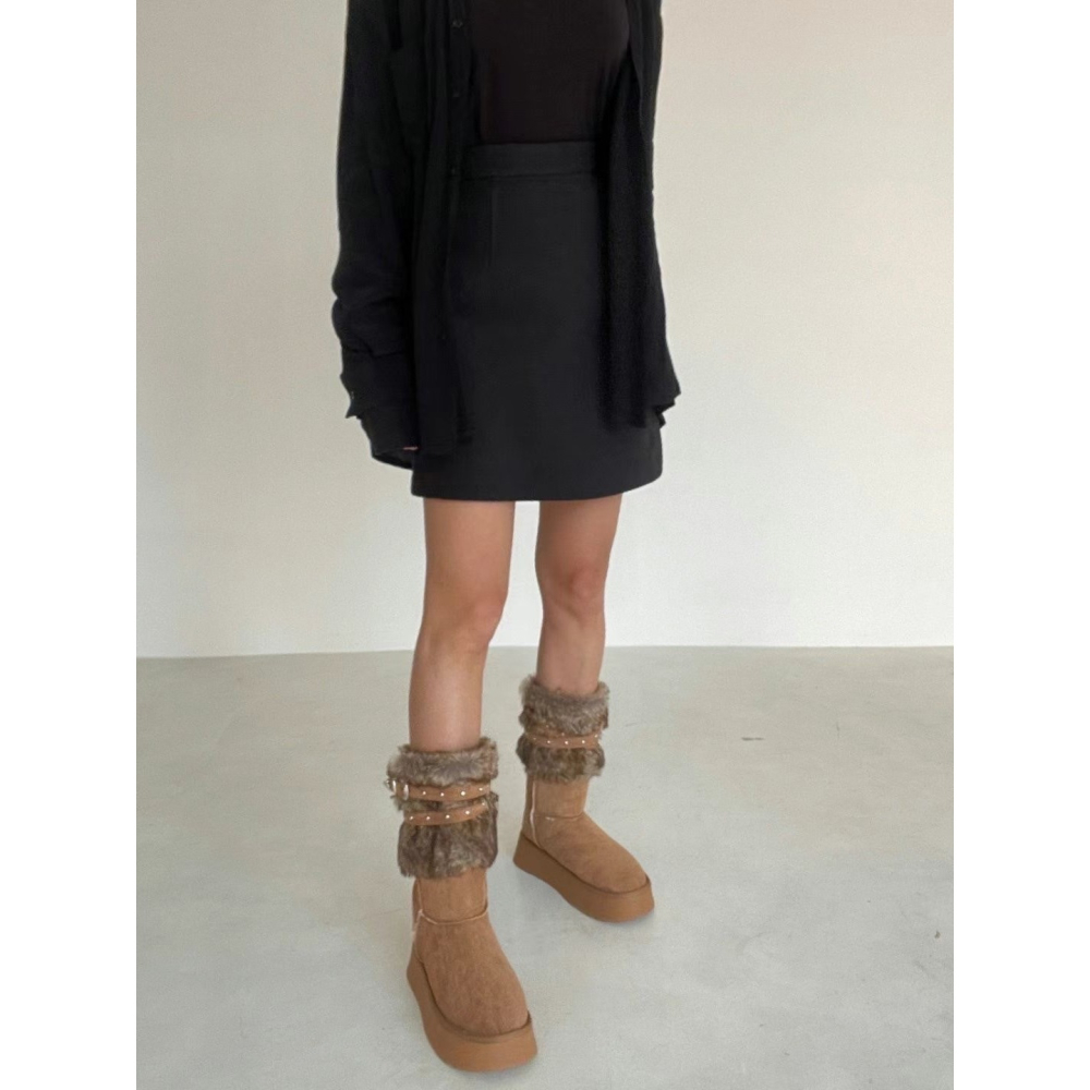 韓國PLA愛斯基摩皮帶外翻絨毛長筒雪靴-細節圖3