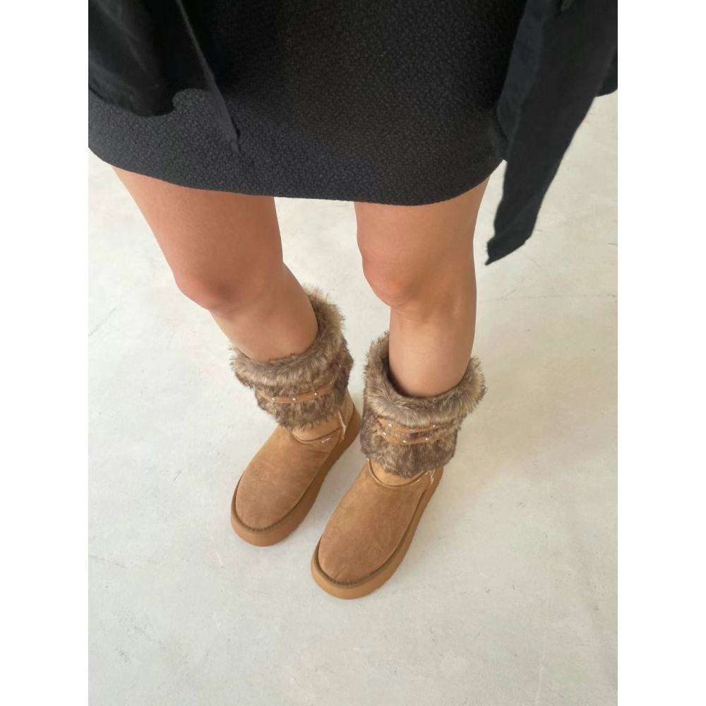 韓國PLA愛斯基摩皮帶外翻絨毛長筒雪靴-細節圖5