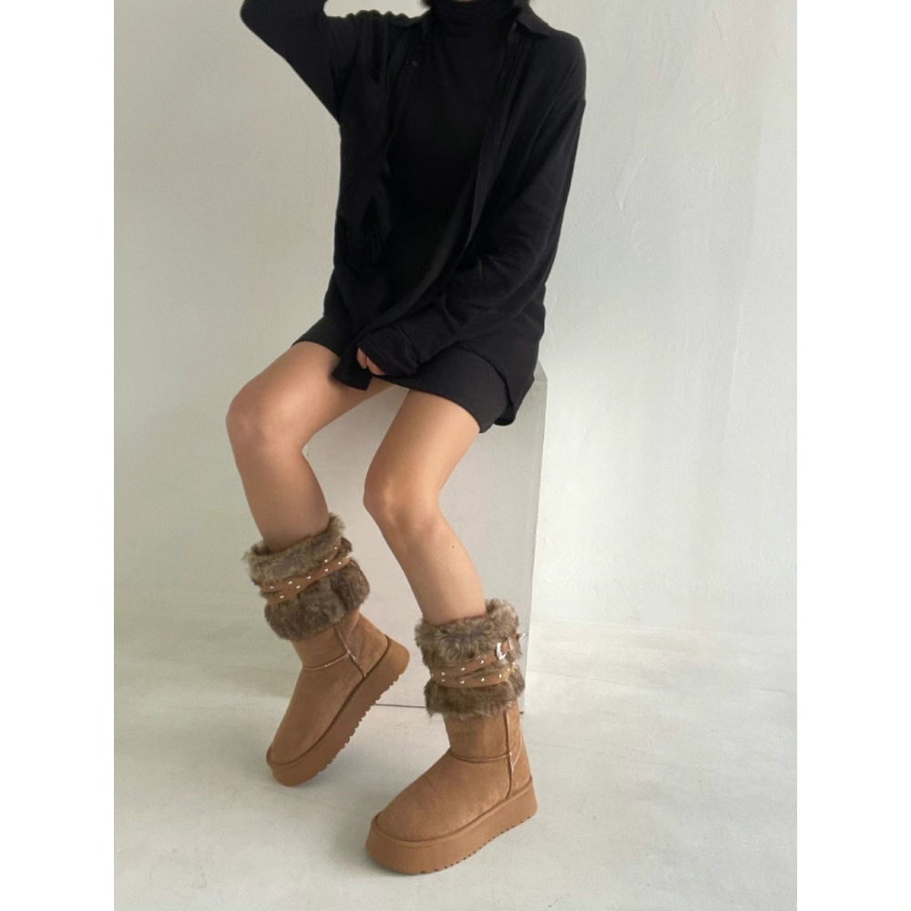 韓國PLA愛斯基摩皮帶外翻絨毛長筒雪靴-細節圖6