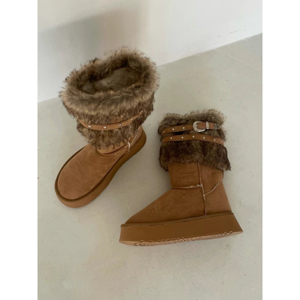 韓國PLA愛斯基摩皮帶外翻絨毛長筒雪靴-細節圖8