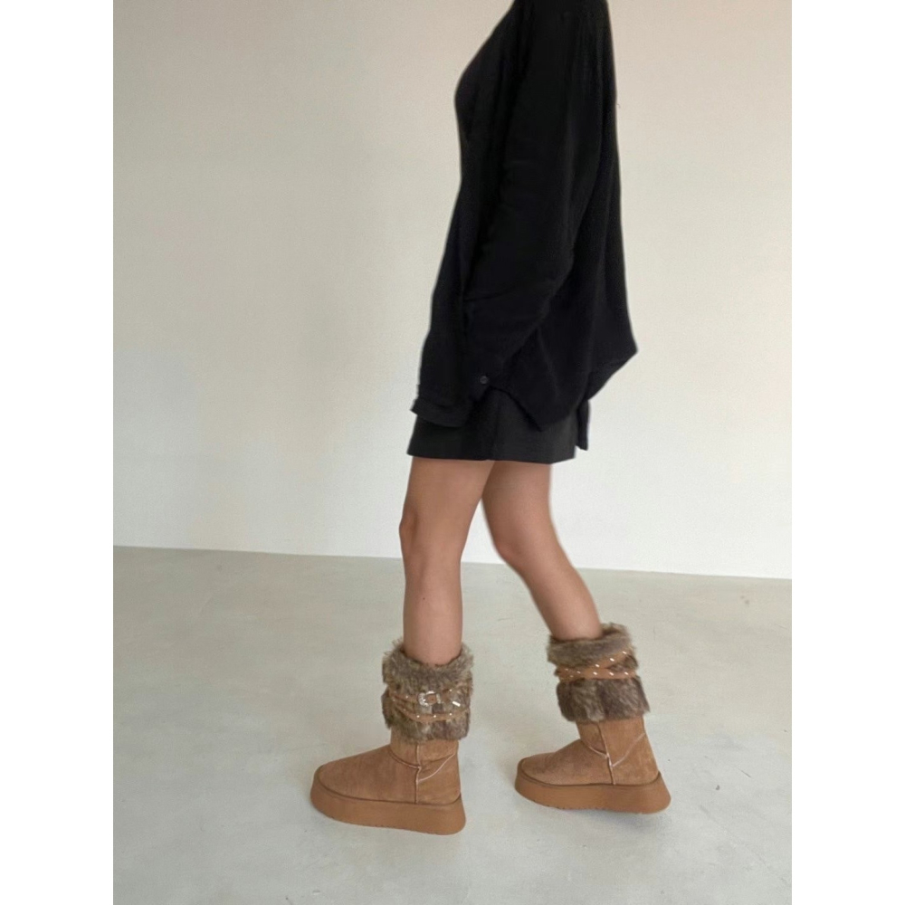 韓國PLA愛斯基摩皮帶外翻絨毛長筒雪靴-細節圖9