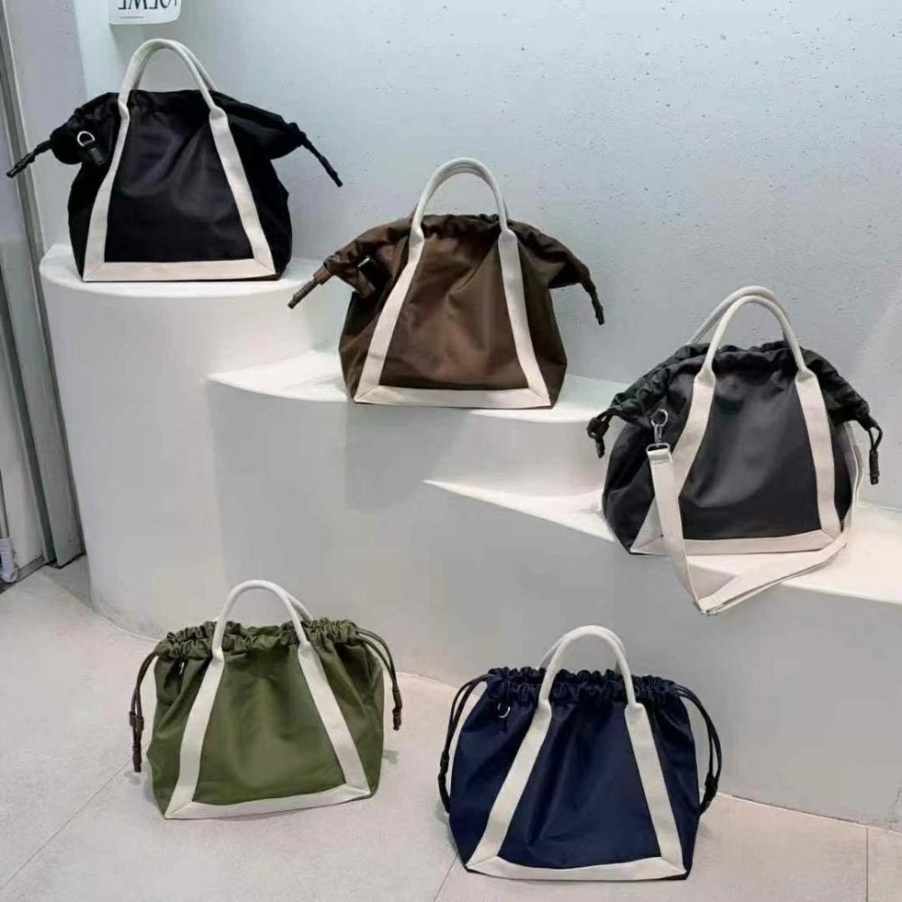 韓國TRO 文青通勤抽繩尼龍手提側背托特包-細節圖2