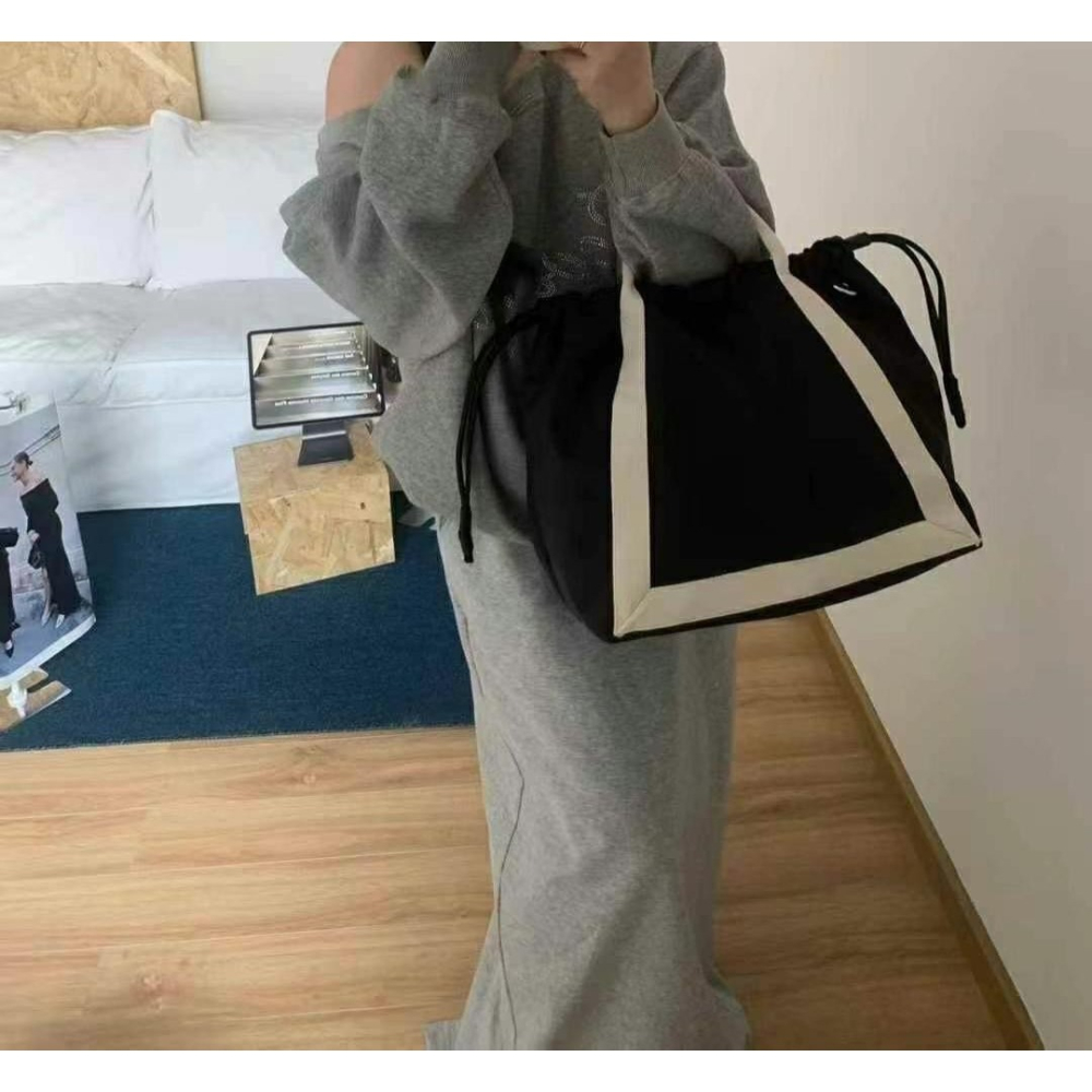 韓國TRO 文青通勤抽繩尼龍手提側背托特包-細節圖5