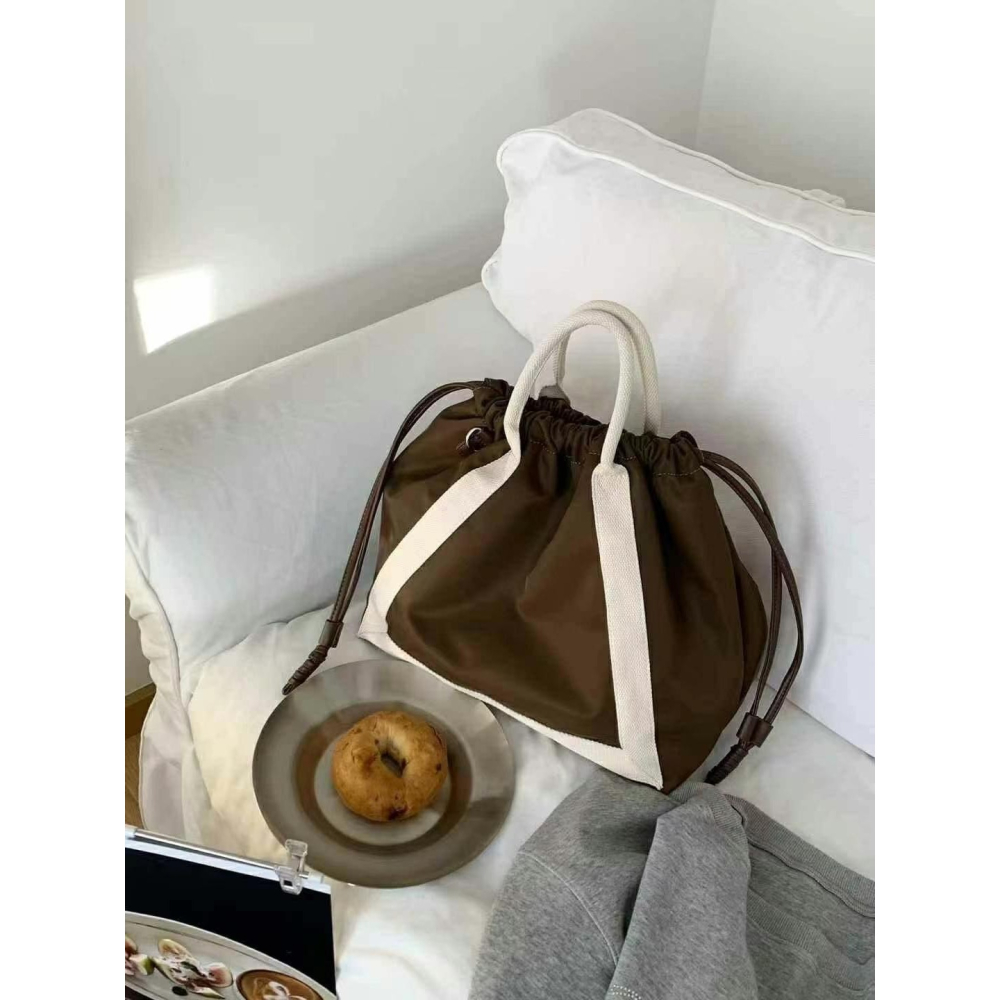 韓國TRO 文青通勤抽繩尼龍手提側背托特包-細節圖7