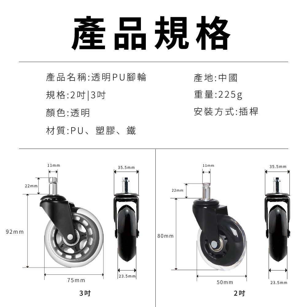 【透明PU腳輪】2吋 3吋 加厚椅腳輪 椅腳滾輪 辦公椅 電腦椅 電競椅 滑順不卡頓 適用多種地面-細節圖8